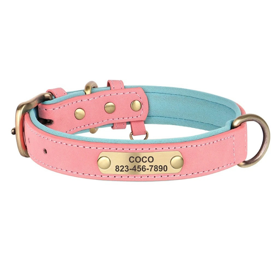 Personalised Leather Dog Collar with Free Engraving – Soft & Durable - PINK