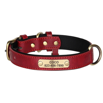 Personalised Leather Dog Collar with Free Engraving – Soft & Durable - RED